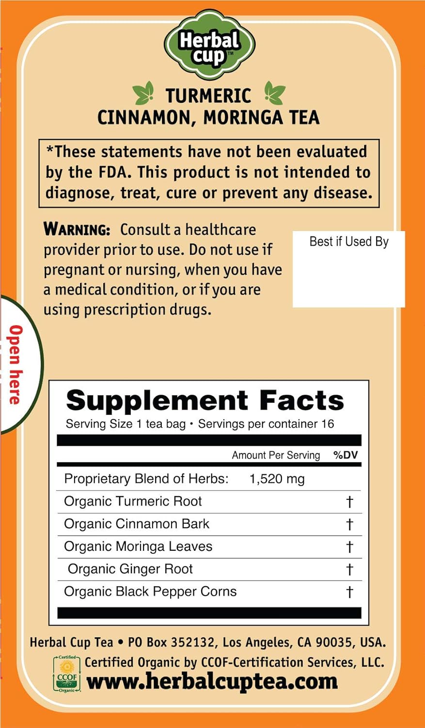 Herbal Cup Ayurveda Turmeric Tea, Organic Cinnamon Moringa, No Caffeine Herbal Supplement (16 Count, Pack of 6)