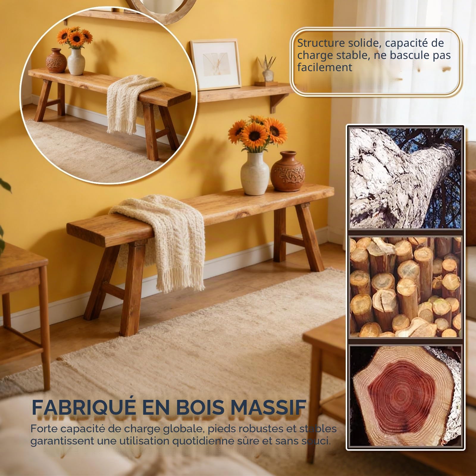 Banc de Style campagnard en Bout de lit, Banc d'entrée en Bois pour l'intérieur Salle à Manger Rustique et Fin en Bois