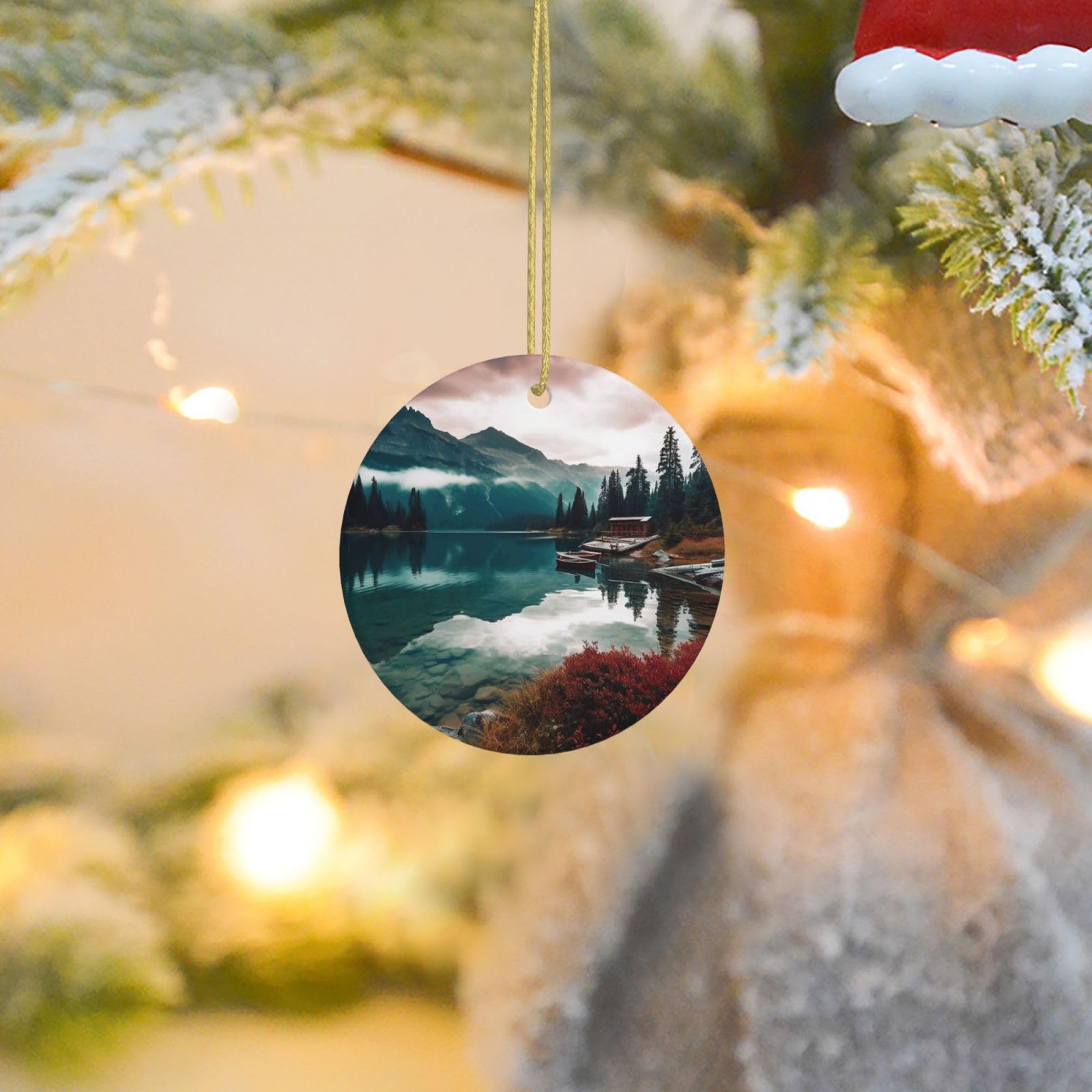 Christmas Tree Ornaments Ceramics Christmas Round Decorations Scenic Lake Ceramics Ornaments Circle Pentagram Xmas Tree Hanging Pendant for Christmas Tree Party Holiday Home Decor