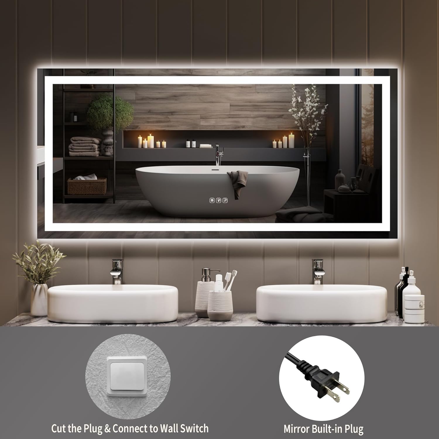 60x30 Inch LED Bathroom Mirror with Dimmable Lighting, Anti-Fog, Backlit and Front Lit, Smart Vanity Mirror with Memory Function, Shatter-Resistant, Horizontal or Vertical Wall Mount