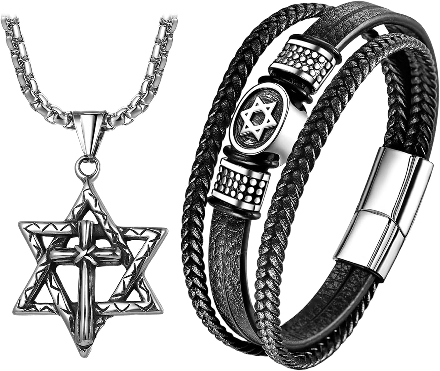 OIDEA Star of David Necklace Bracelet Set: Stainless Steel Cross Hexagon Pendant Necklace Multilayer Braided Leather Bracelet Jewish Isael Jewelry Gifts for Men Women
