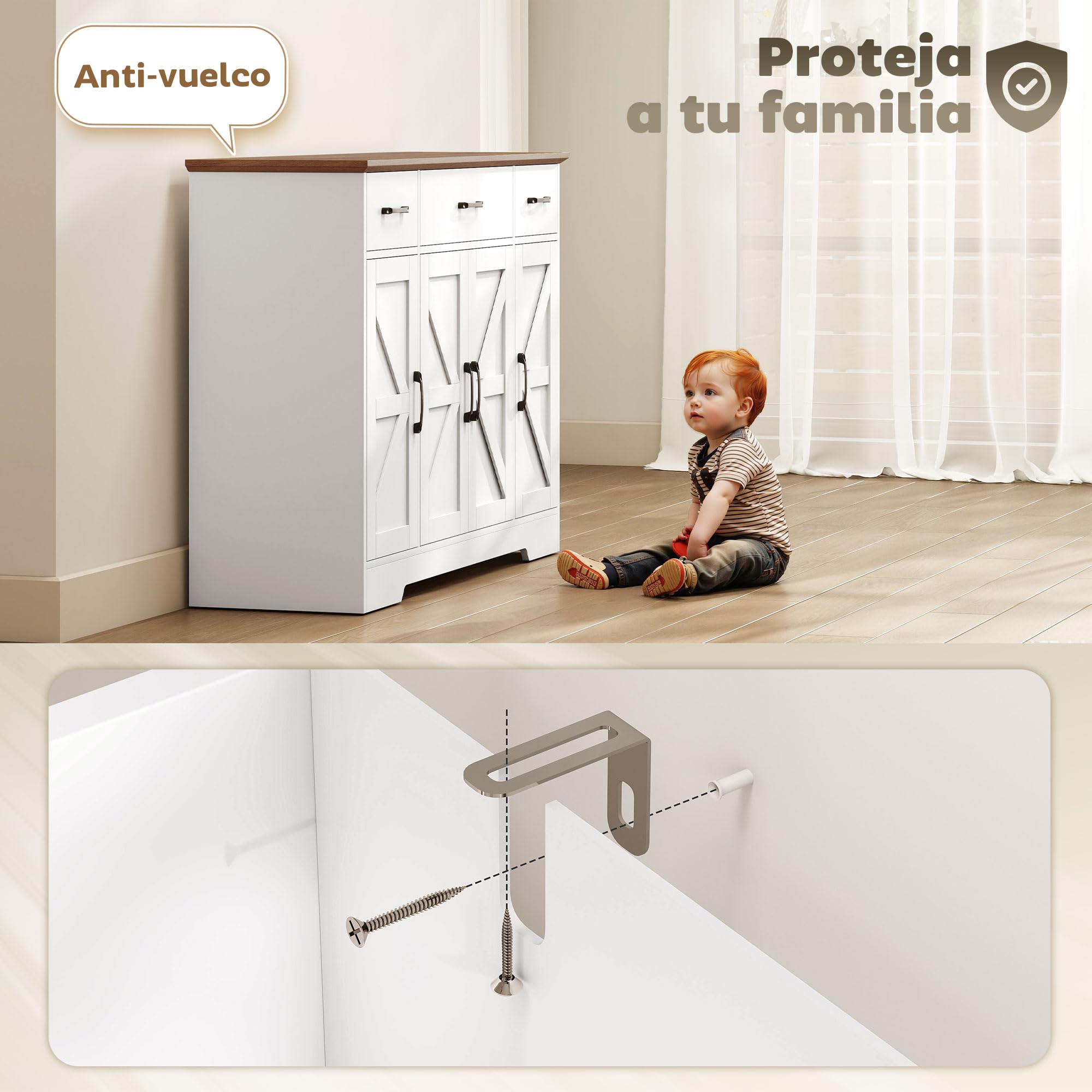 HOMCOM Aparador de Cocina Rústico, Armario de Cocina con 4 Estantes de Puerta, 3 Cajones, Estantes Ajustables, Puerta con Cierre Suave, Mueble de TV para 48-55 Pulgadas, 120x38x87 cm, Blanco y Nogal