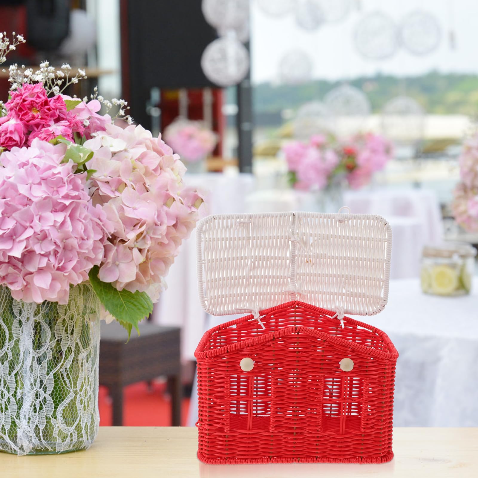 Kleiner Picknickkorb aus Rattanimitat mit Griff Handgeflochtener Retro Korb für Hochzeit Picknick und Gastgeschenke Rot Weiß