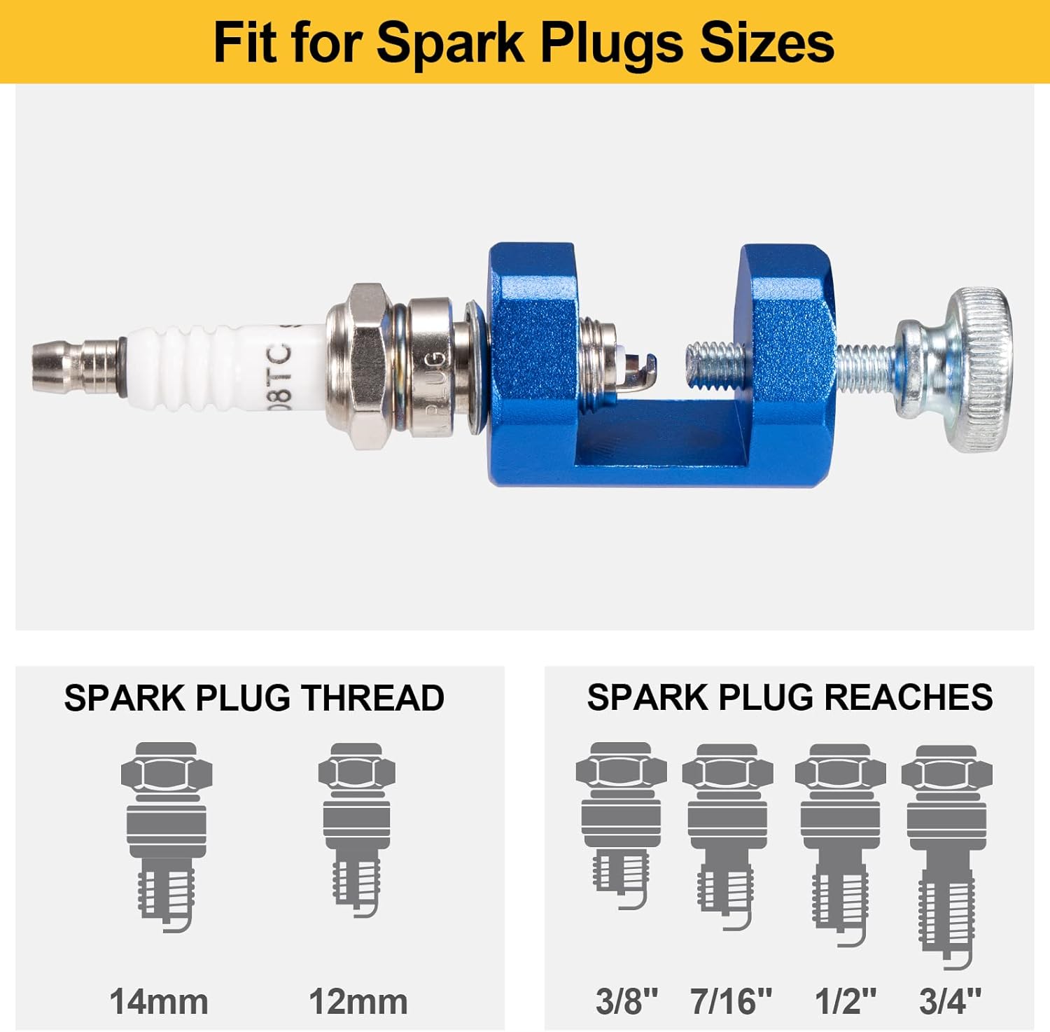 Diagram showing compatibility for 14mm and 12mm spark plug threads, and various spark plug reaches (3/8, 7/16, 1/2, 3/4 inches).
