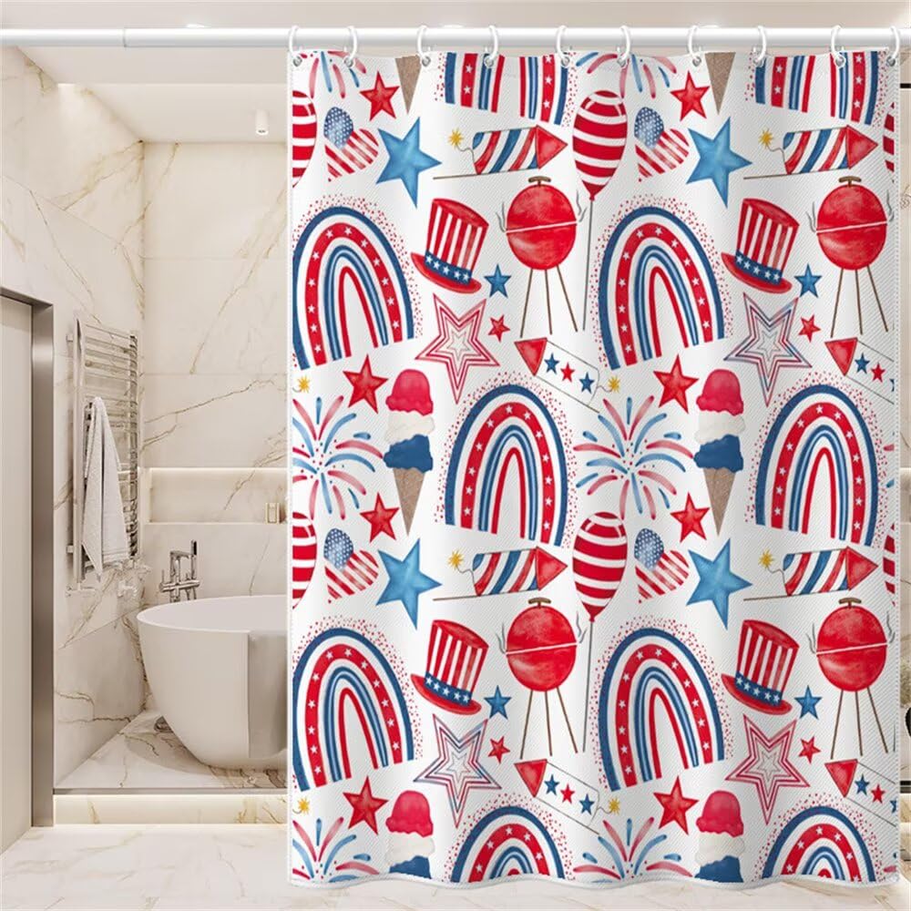 Rideaux de douche rouge et bleu style marin pour une décoration de salle de bain