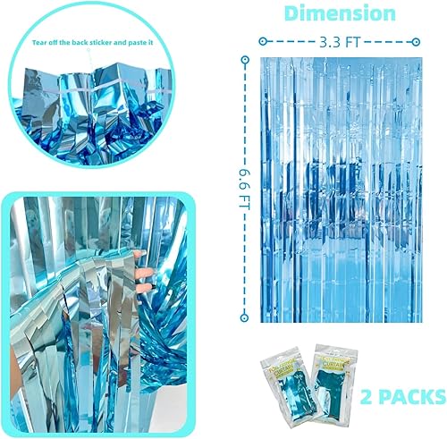Miniatura 4 de Paquete de 2 cortinas de flecos de papel de aluminio azul claro amplias para cabina de fotos, telón de fondo metálico de oropel para decoración de