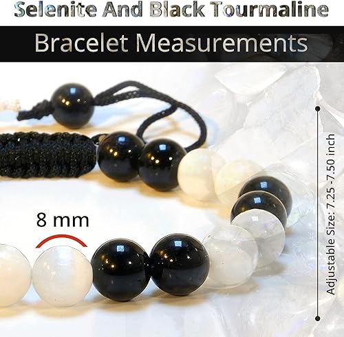 Miniatura 3 de Genuine Selenite, Black Tourmaline Crystal Bracelet  Natural Bead Bracelet with Adjustable Macrame String  Chic Gemstone Bracelet for Men and Women