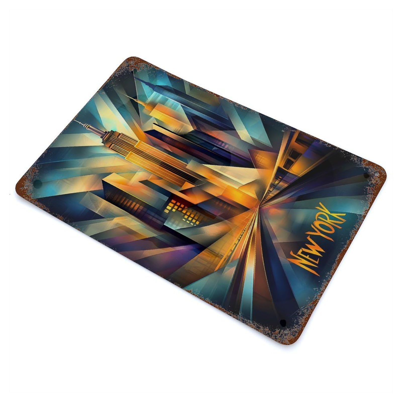 Garage Style New York Dynamic Cubism – Modern Geometric Skyline Weathered Tin Sign 11.8"x7.9", Classic Wall Plaque for Bar And Workshop