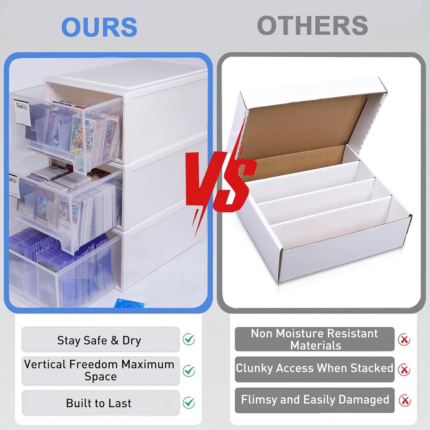 2400-Capacity Trading Card Storage Box with Drawer, Plastic Stackable Organizer for MTG,Sports Cards