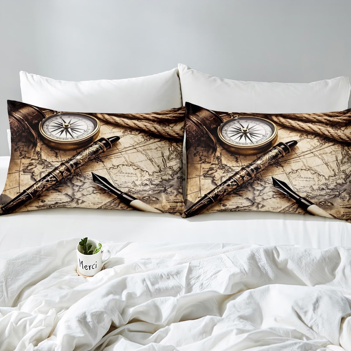Erosebridal Compass Duvet Cover Full Size, Nautical Theme Bedding Set for Kids Boys Teens Adult Bedroom Retro Box and Needle Comforter Cover Old Vintage Style World Map Iron Chain Quilt Cover, Brown image 5