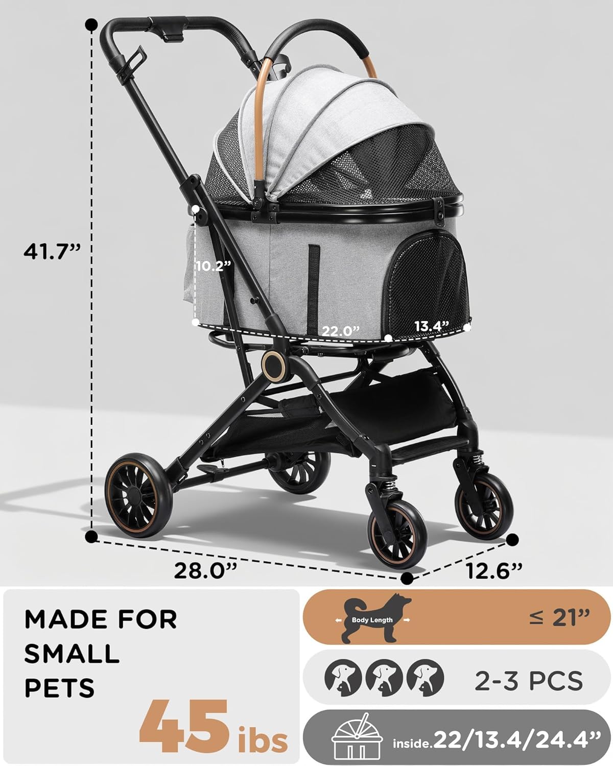 GTPLAYER 3 in 1 Pet Stroller with Removable Carrier, Foldable Stroller for Small/Medium Dogs and Cats, All-Terrain, with Sun Shades, Car Seat, Up to 45 lbs, Grey