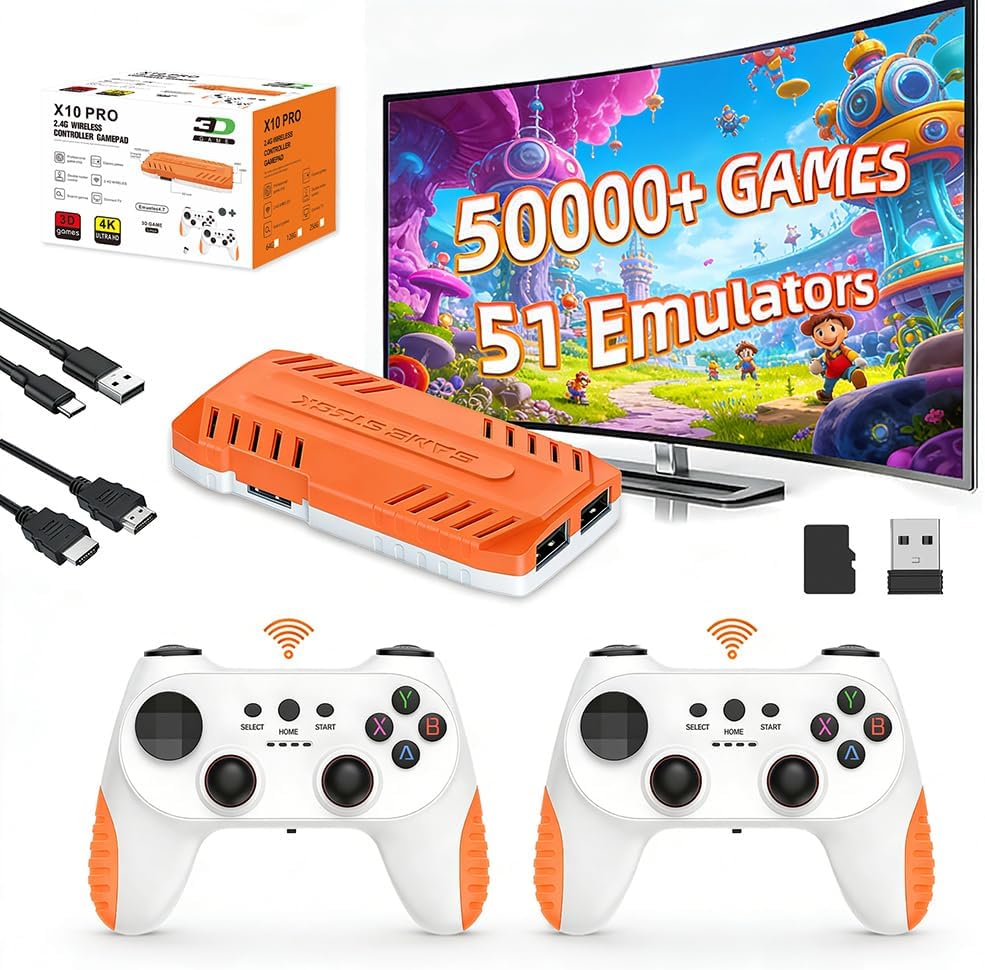 X10 PRO Retro Game Stick with 50000+ Games, 4K HDMI HD Plug and Play Game Stick with 2 Controllers, Support 50+ Simulators, 2 Player Battle (Vitality Orange)