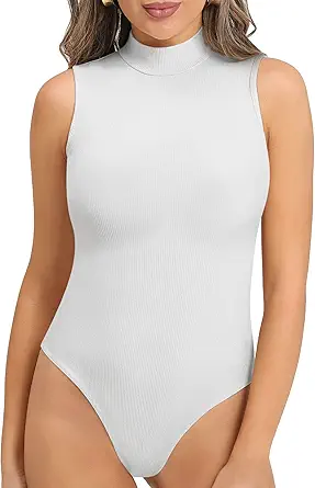 MANGOPOP Women's Mock Turtleneck Sleeveless Tank Tops Ribbed Long Sleeve Bodysuit