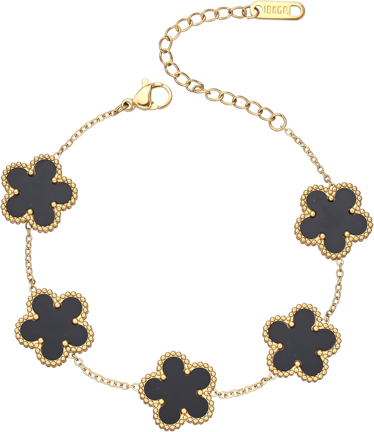 Billet-doux Gold Plated Clover Flower Bracelet for Women, White/Black/Gold/Red/Pink/Blue Clover Motif Link Chain Bracelets, Adjustable size, Trendy Charm Jewelry Gifts for Easter