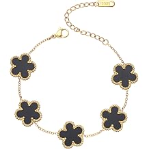 Billet-doux 18K Gold Plated Clover 5 Leaf Flower Bracelet for Women, White/Black/Gold Flower Clover Motif Link Chain Bracelets, Adjustable size, Trendy Statement Charm Jewelry
