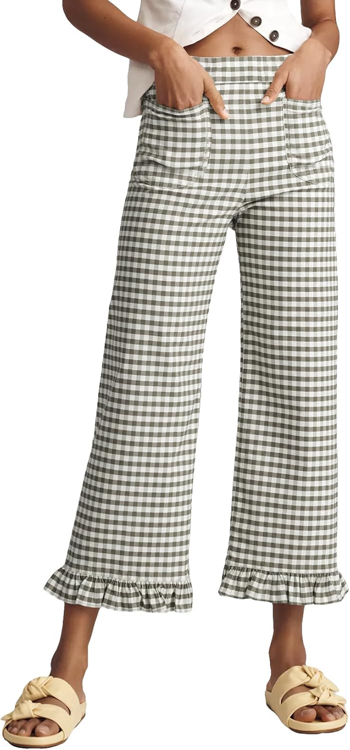Acelitt Women's Gingham Pants Summer Casual Elastic Waist Straight Leg Ruffle Hem Stretchy Cropped Trousers with Pockets