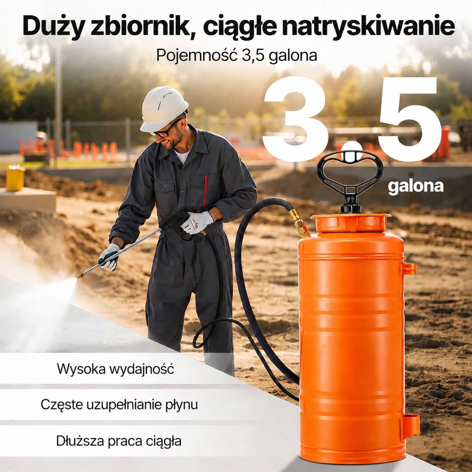 Opryskiwacz ciśnieniowy ze stali nierdzewnej 13,2 l, pomarańczowy zbiornik z lancą, uchwyt pistoletowy, czarny wąż, 2 mosiężne dysze do budowy i ogrodu