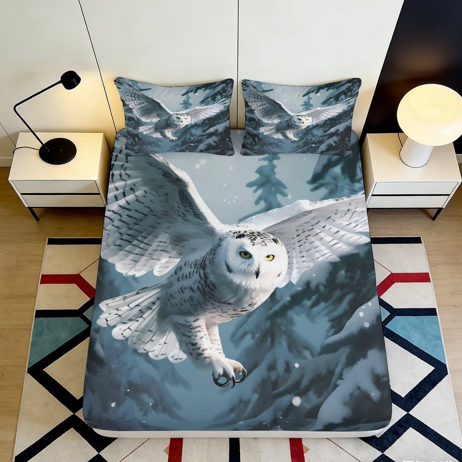 3D Printed Snowy Owl Fitted Sheet Microfiber Winter Forest Bed Cover for Bedroom Dorm Mattress Protection Decor 90x200x25cm