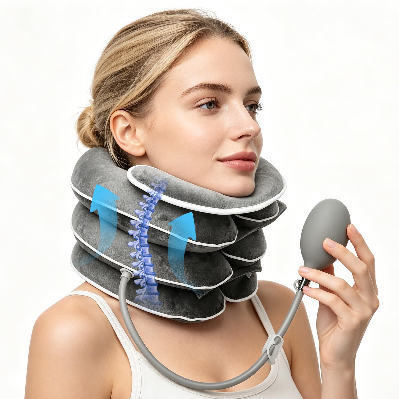 CEWROM Allungatore per il collo gonfiabile per la trazione cervicale, allungatore per il collo regolabile con design allungabile a 3 strati, cuscino cervicale per alleviare il dolore, supporto per il