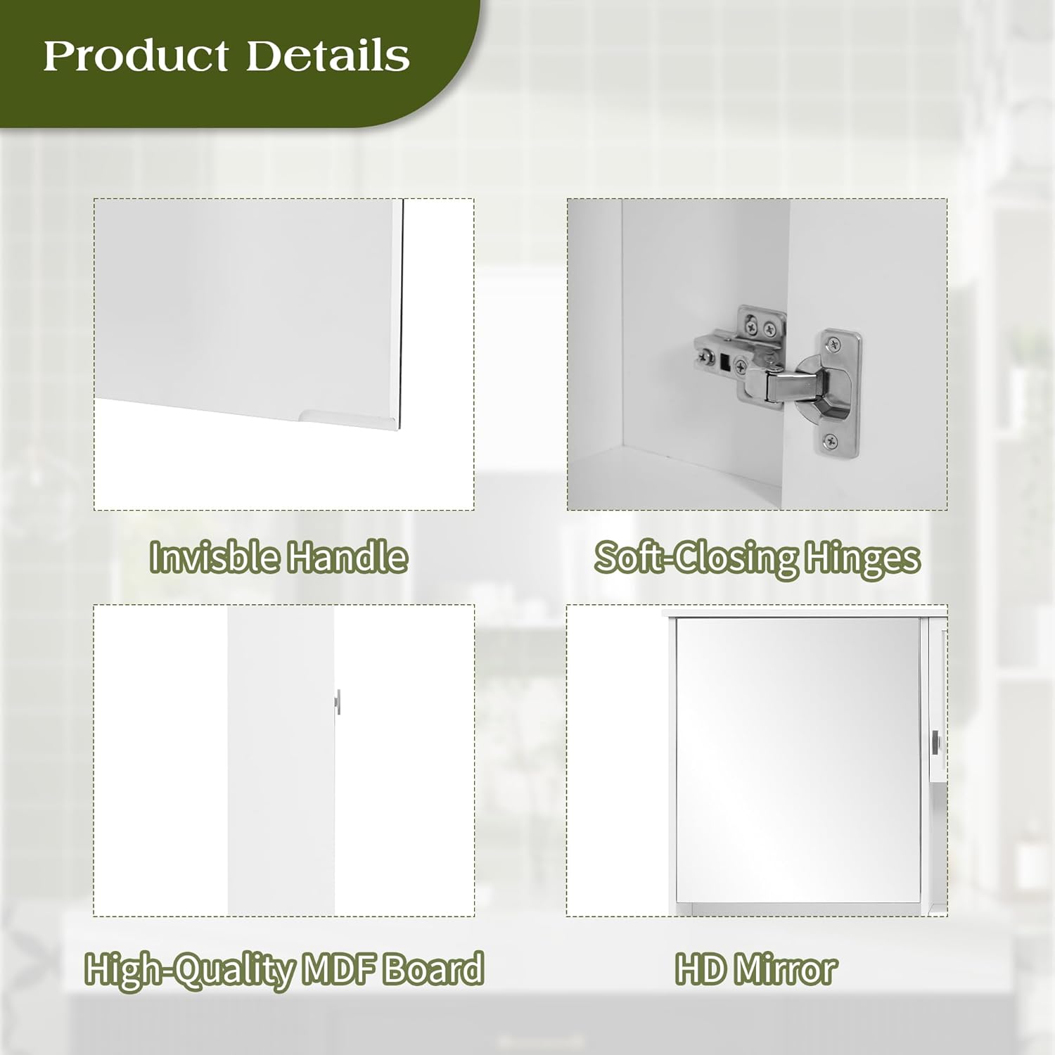55" Sturdy Storage Cabinet, Bathroom Organizer with HD Mirror, Waterproof Cabinets with Soft Closing Hinges for Vanity, White