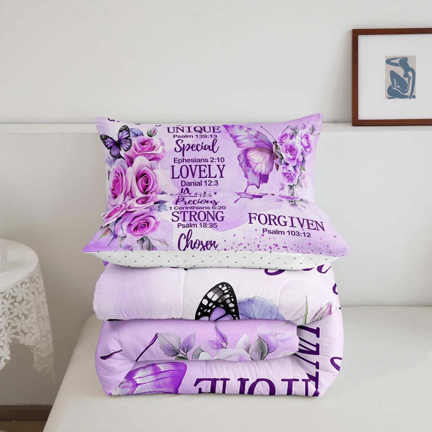 Erosebridal Purple Butterfly Queen Bedding Sets Boho Girly Lavender Floral Comforter for Girls Kids Women Inspirational Quotes Duvet Insert Bible Verse Colorful Bohemian Rose Flower Bed Sets