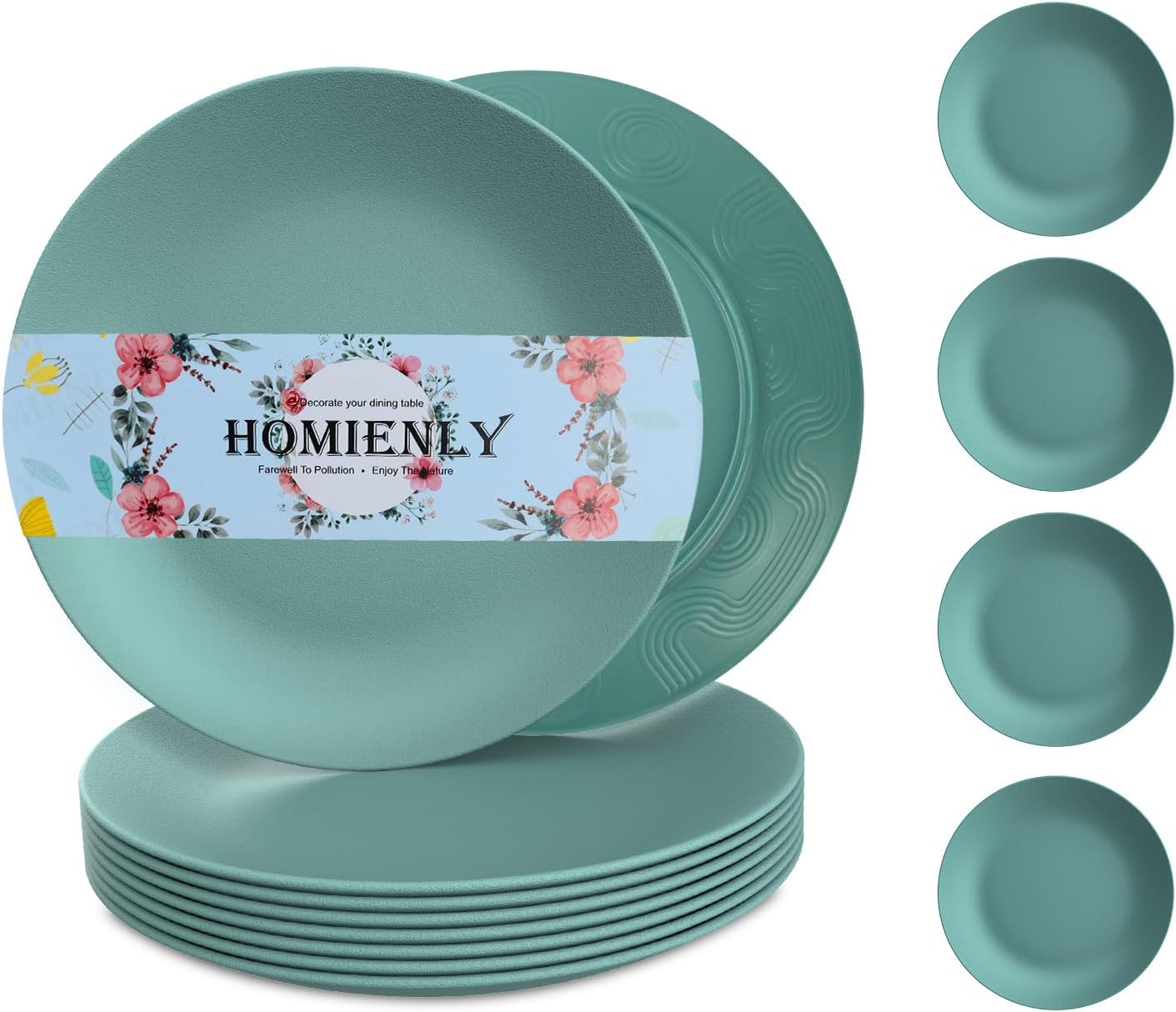 Flat Dinner Plates Set of 8 Alternative for Plastic Plates Microwave and Dishwasher Safe Wheat Straw Plates for Kitchen Unbreakable Kids Plates(Green,9 inch)