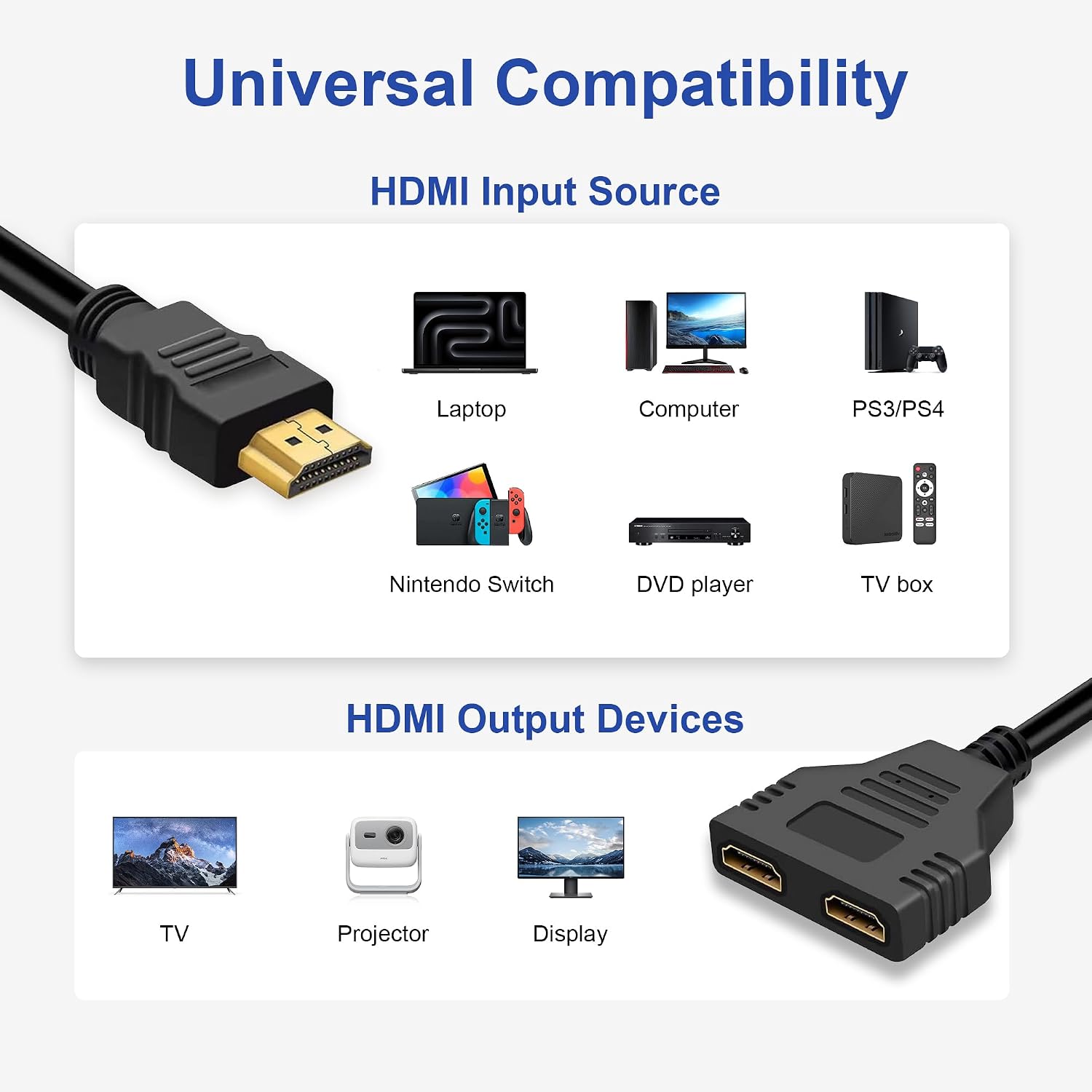 2 Pack HDMI Splitter 1 in 2 Out Mirror Only Not for Extended Display, Splitter for Dual Monitors, 4K HDMI Splitter Cable Male to Dual Female Adapter for HDTV, LED, LCD, TV