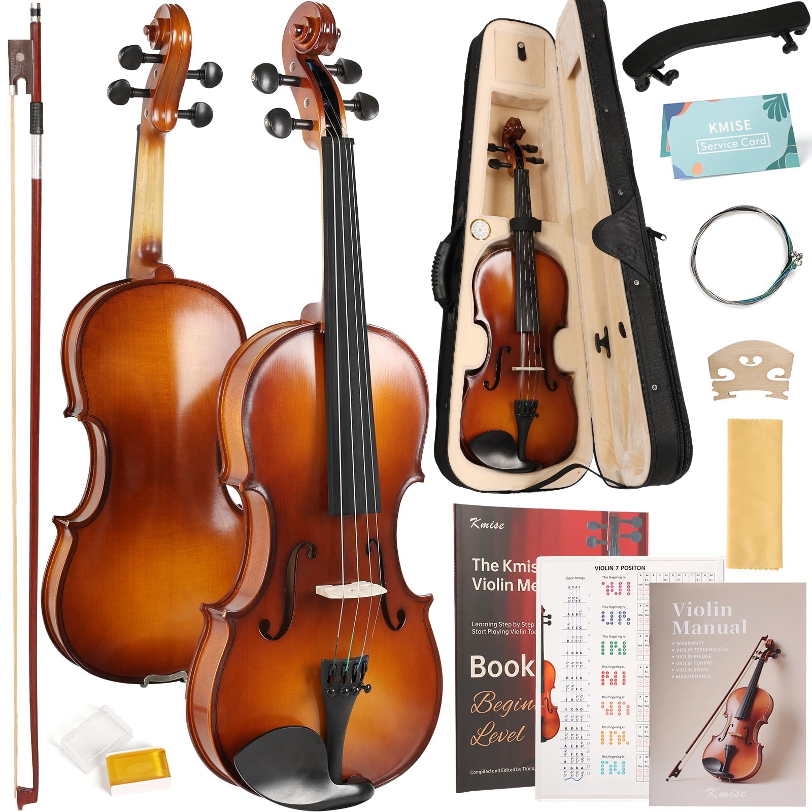 Kmise Violin 3/4 Size Starter Kit for Students Beginners Adults, Quality Ebony Acoustic Fiddle Set with Hard Case, Bow, Rosin, Extra Strings, Shoulder Rest, Guide &amp; Chart