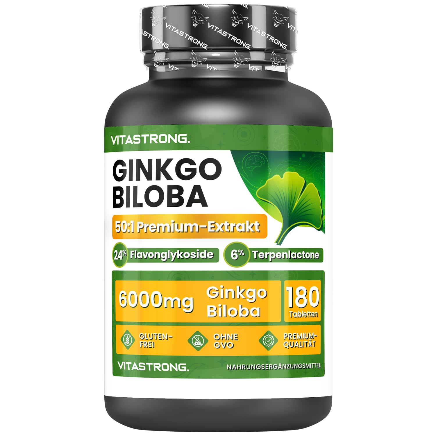 Ginkgo Biloba Nahrungsergänzungsmittel Vitastrong, 180 Vegan Tabletten, 6000mg hohe Bioverfügbarkeit, natürliches Nootropikum, Brain Focus Konzentration, Ginkgo Biloba Hochdosiert Gluten- und GVO-frei