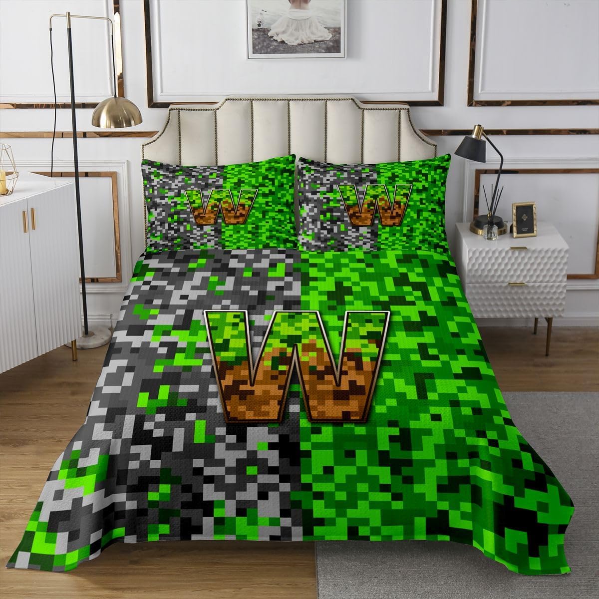 Homewish Pixelated Games Quilt Sets Twin Size,Letter W Bedspread Coverlet 2Pcs for Kids Girls Boys Room Decor,Camo Block Quilts Set Green Patchwork Grid Bedding Comforter,1 Pillowcase