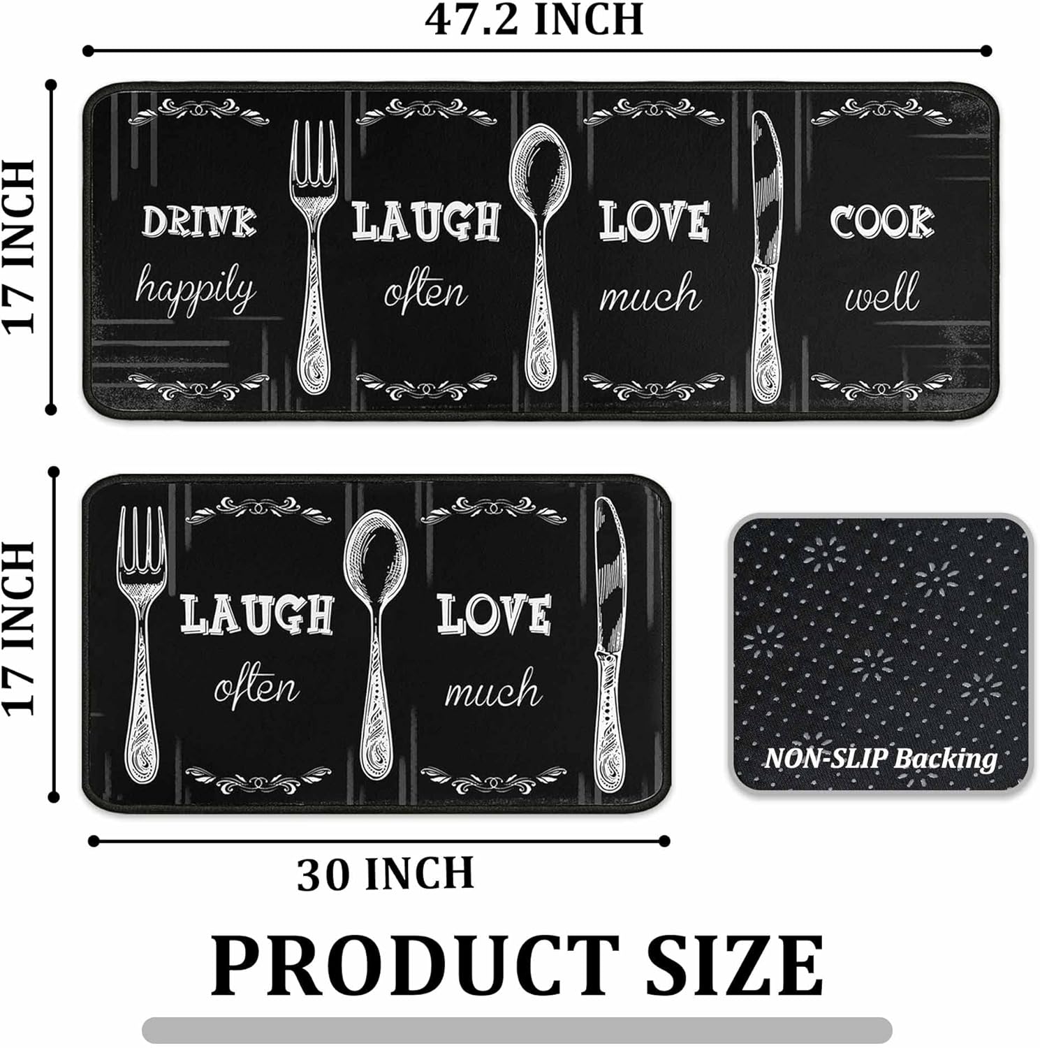 Black Kitchen Rug Set 2 PCS | Non-Slip Waterproof Stain-Resistant Floor Mats | Farmhouse Style Mats for Kitchen, Sink & Laundry 17"x47"+17"x30"