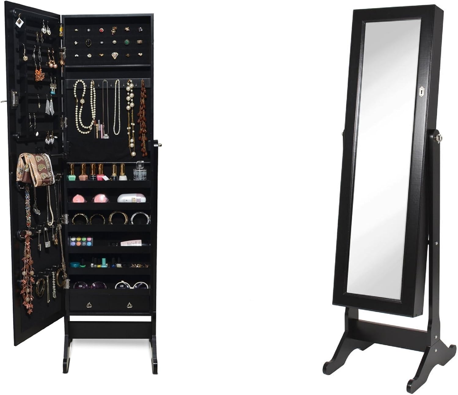 BTEXPERT Premium Wooden Jewelry Armoire Cabinet Floor Stand Safety Lock Organizer Storage Drawer Cheval Mirror Rings, Necklaces, Bracelets Black
