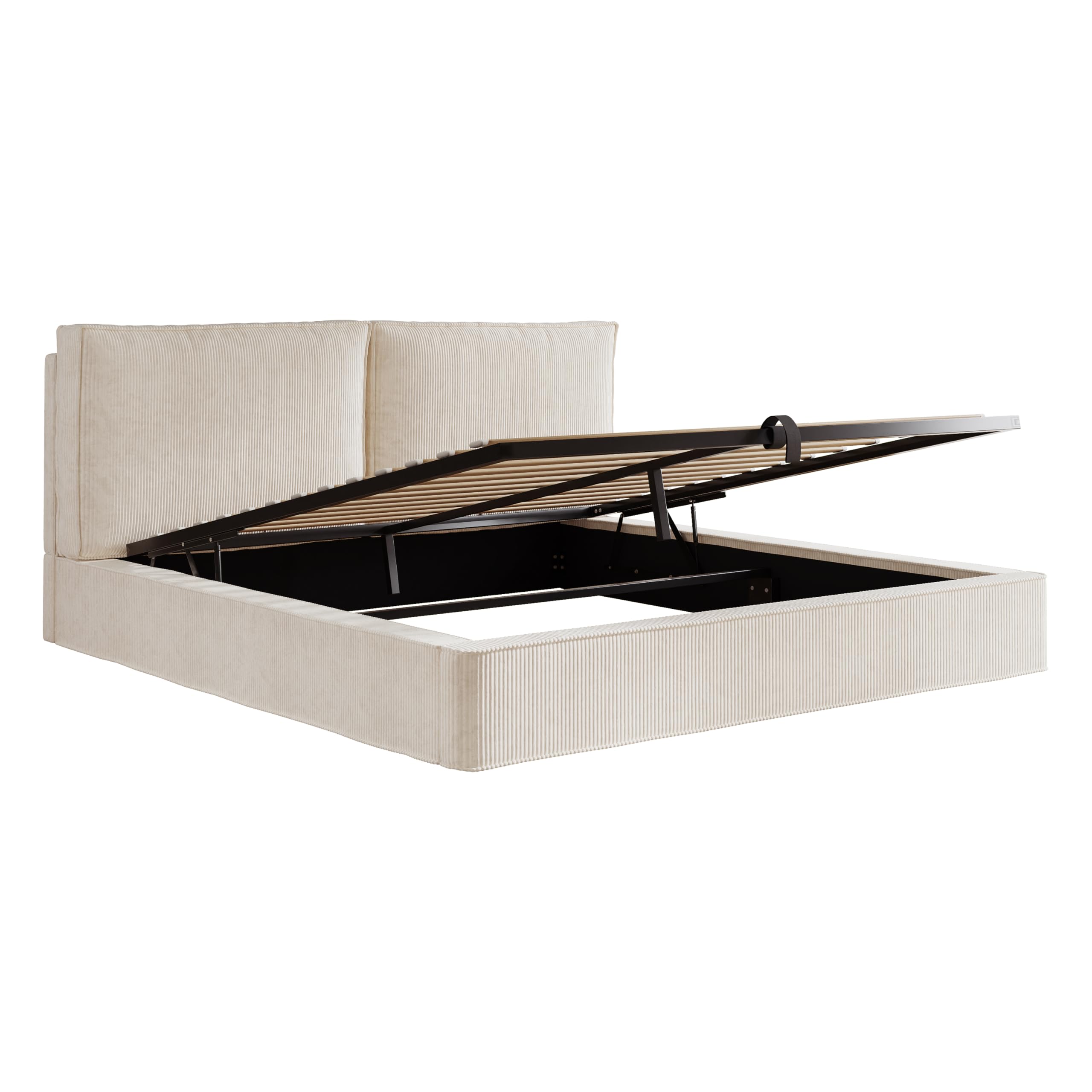 Merax Polsterbett Doppelbett 180x200 cm mit hydraulischem Stauraum & Lattenrost, Samt, 13 cm Dickes gepolstertes Kopfteil (105 cm hoch), eingebaute Struktur, Cord, Beige (Ohne Matratze)