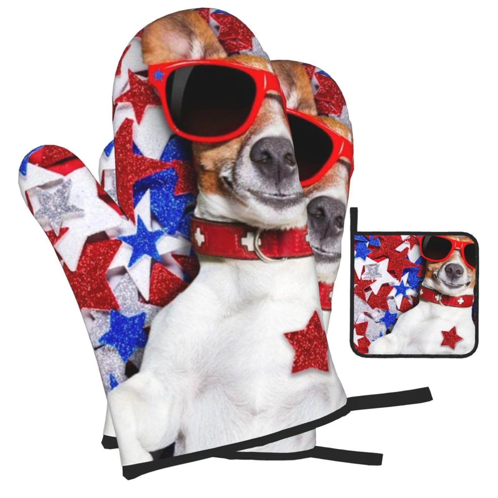 USA Flag Puppy Printed Oven Mitts and Pot Holders Heat Resistant Set of 3 Pcs, Modern Kitchen Gloves & Potholders for Cooking Baking Grilling