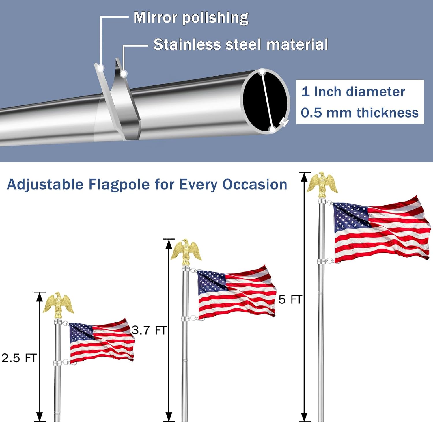 NQ 5 FT Flag Pole for Outside House with Eagle Topper, Stainless Steel Flag Pole with Flag Pole Holder, House Flag Pole Kit for Porch, Outdoor Flag Pole(Silver) - Image 3