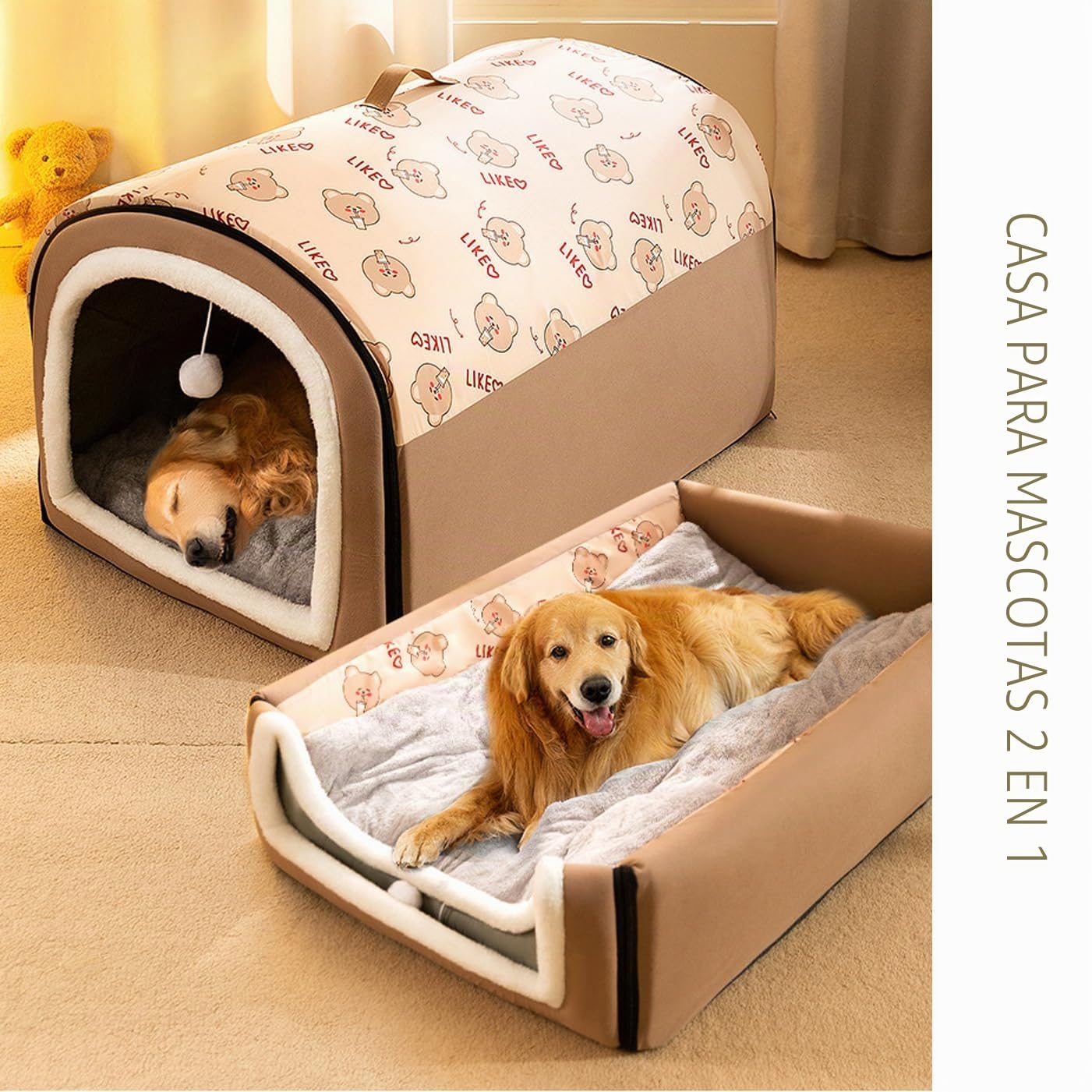 Cama grande para perros Casa 2 en 1, cueva calmante para mascotas, impermeable, Casa para perros extraíble antiansiedad con cojín, base antideslizante para exteriores, cama para perros para gatos de