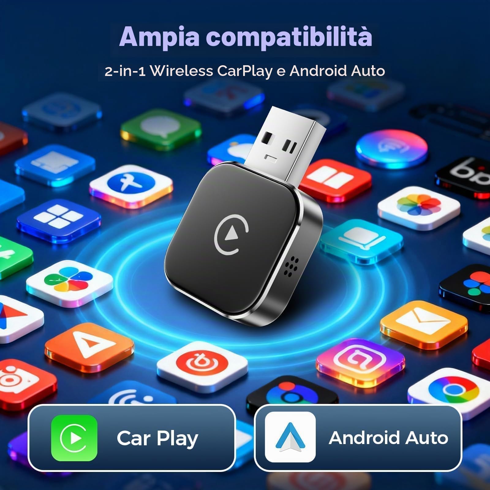 2026 Adattatore Wireless Carplay & Android Auto 2 in 1, Adattatore Android Auto WiFi 2,4+5,0 GHz, Plug and Play, Connessione Bluetooth 5.0 Stabile, USB C/A, Compatibile Con Telefoni IOS 10+ E Android