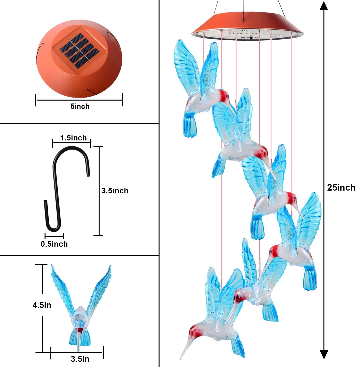 Blue Hummingbird Wind Chime, LED Solar Hummingbird ,Wind Chime ,Six Hummingbird Waterproof Mobile Hanging Wind Chime, Outdoor Decorative ,Wind Bell Light for Home Garden Decoration : Patio, Lawn & Garden