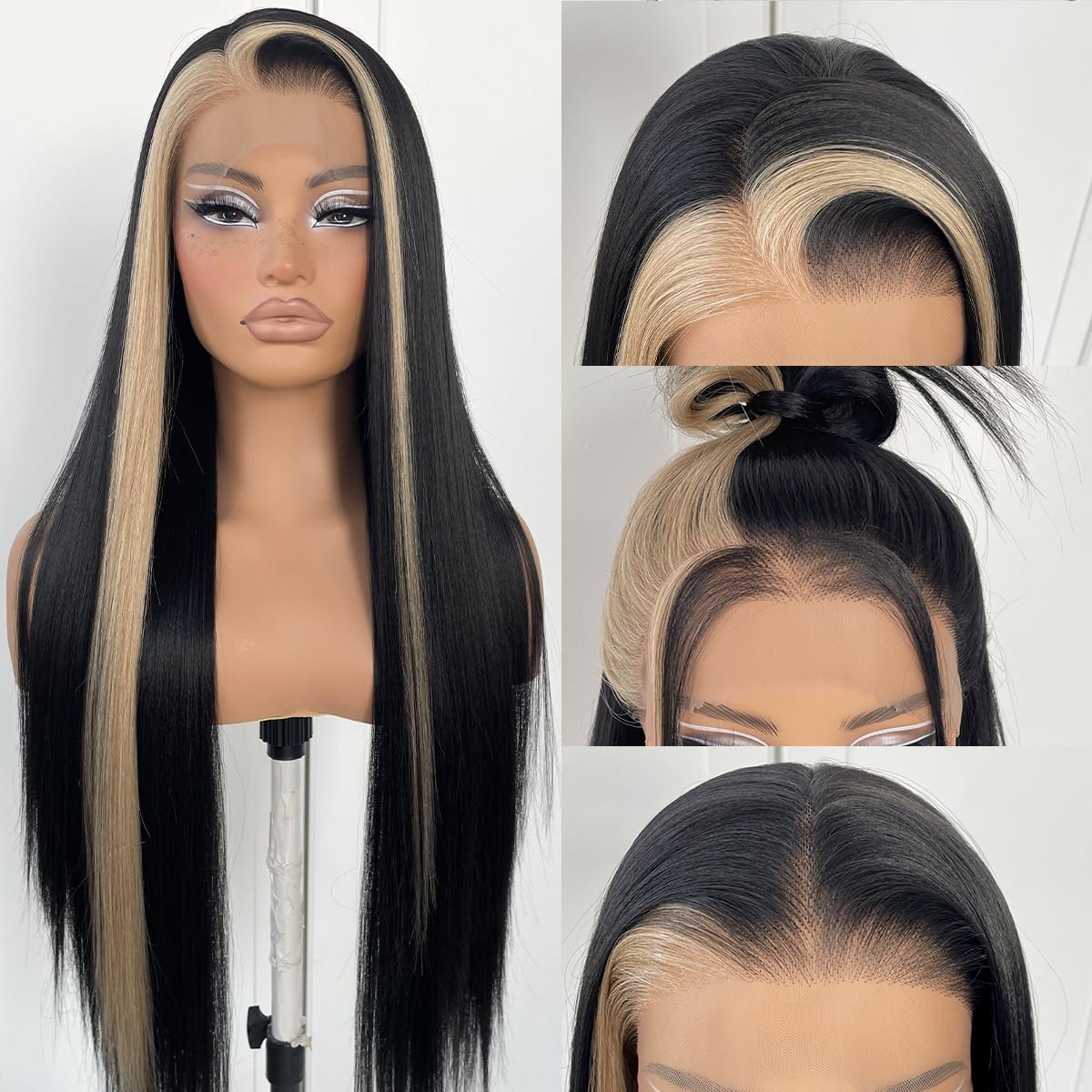 13x6 Glueless Skunk Stripe Straight Wig Black And White Highlight Lace Front Wig Pre-Plucked Yaki Synthetic Grey HD Lace Front Wig 32inch