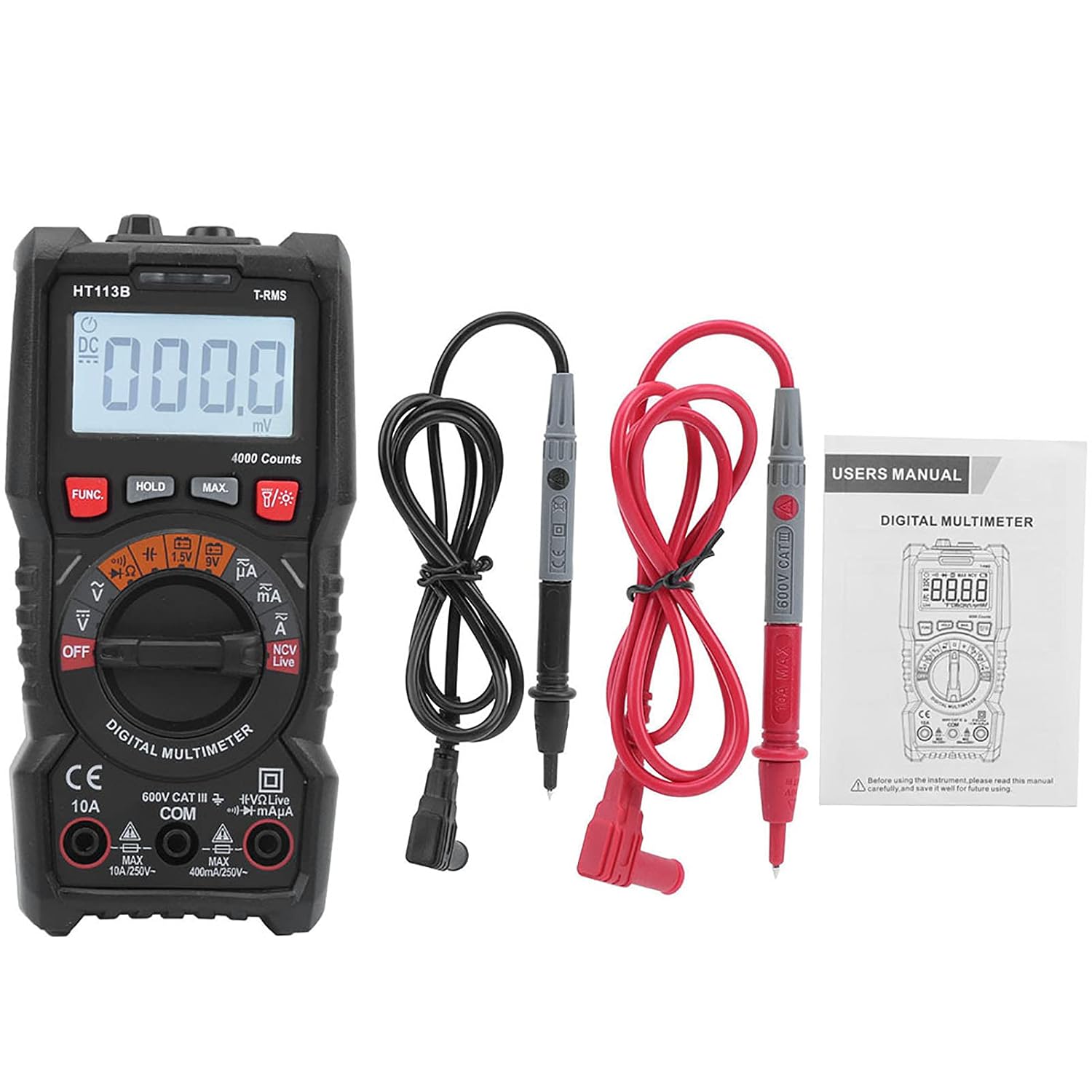 Multimeter, Digital Multimeter Hand Held Auto Range DCAC Current Voltage Capacitance Tester, Multimeters (HT113B)