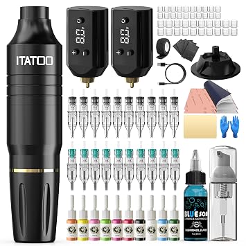 ITATOO Tattoo Gun Tattoo Kit, Wireless Tattoo Machine with 2PCS 1200mAh Power Supply, 20 Tattoo Needles, 10 Tattoo Ink Complete Tattoo Pen Kit for Artists WTK449