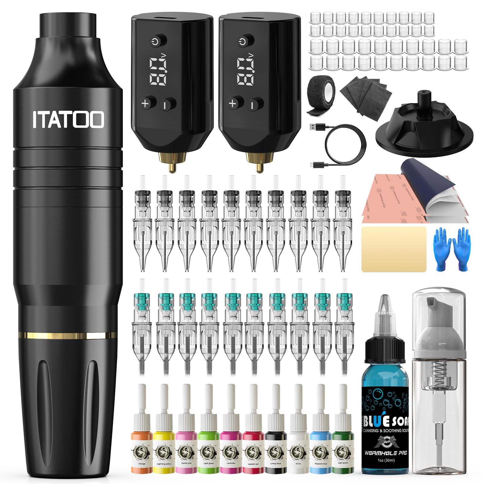 ITATOO Tattoo Gun Tattoo Kit, Wireless Tattoo Machine with 2PCS 1200mAh Power Supply, 20 Tattoo Needles, 10 Tattoo Ink Complete Tattoo Pen Kit for Artists WTK449 Recycled Claim Standard Blended