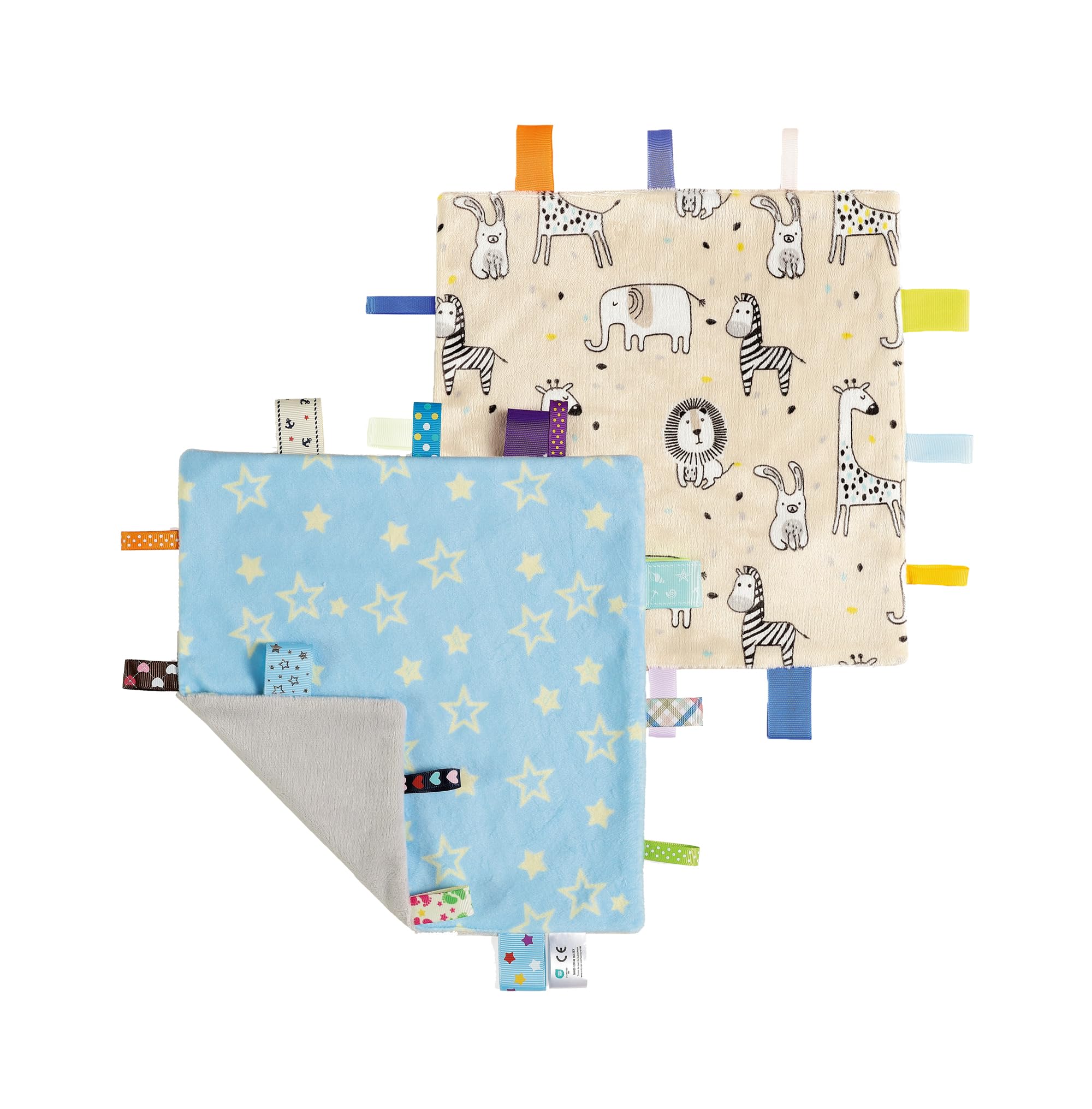 CREVENT Tag Security Blankets for Babies, Soft Small Baby Comforter Sensory Blanket, Great Gifts for Birthday Baby Shower - 24X24cm/10 X10 Blue Star + Zoo