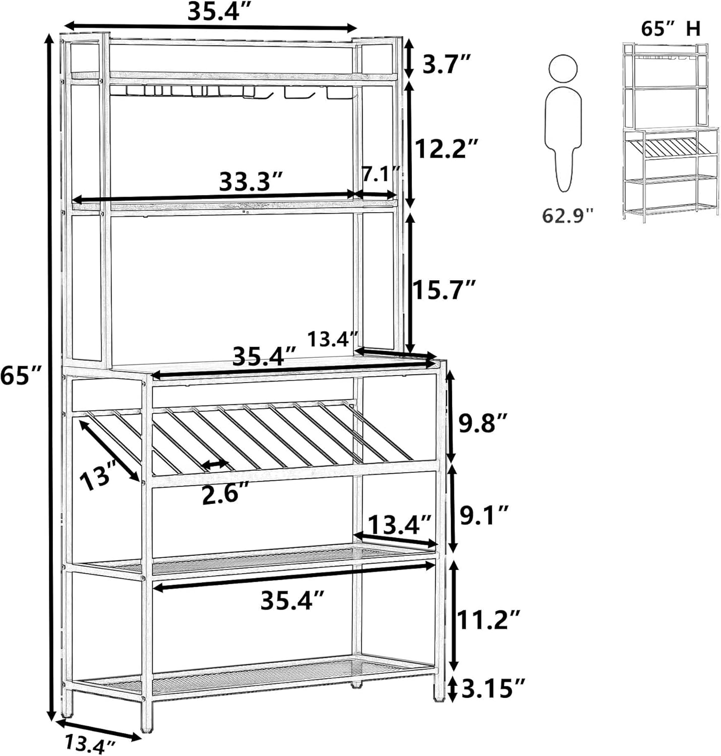 Industrial 6-Tier Baker Rack with Wine & Glass Holders – Multifunctional Kitchen Microwave Stand, Office Storage Shelf, Metal Frame, Dark Brown White MDF