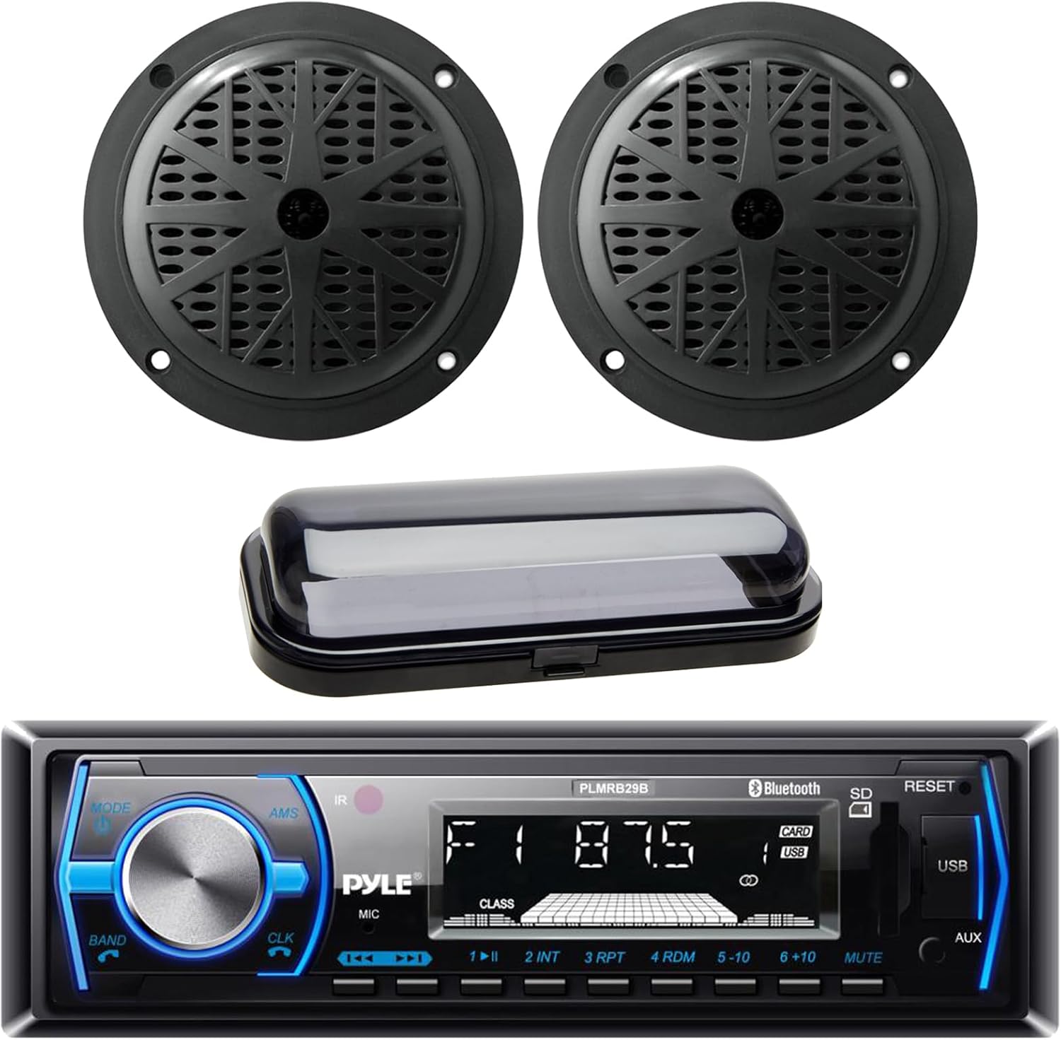 Pyle Single DIN Marine Bluetooth USB/AM/FM Stereo Receiver with Remote Control, 2x 4'' 100 Watt Peak Power Dual Cone Waterproof Black Audio Speakers, Radio Shield