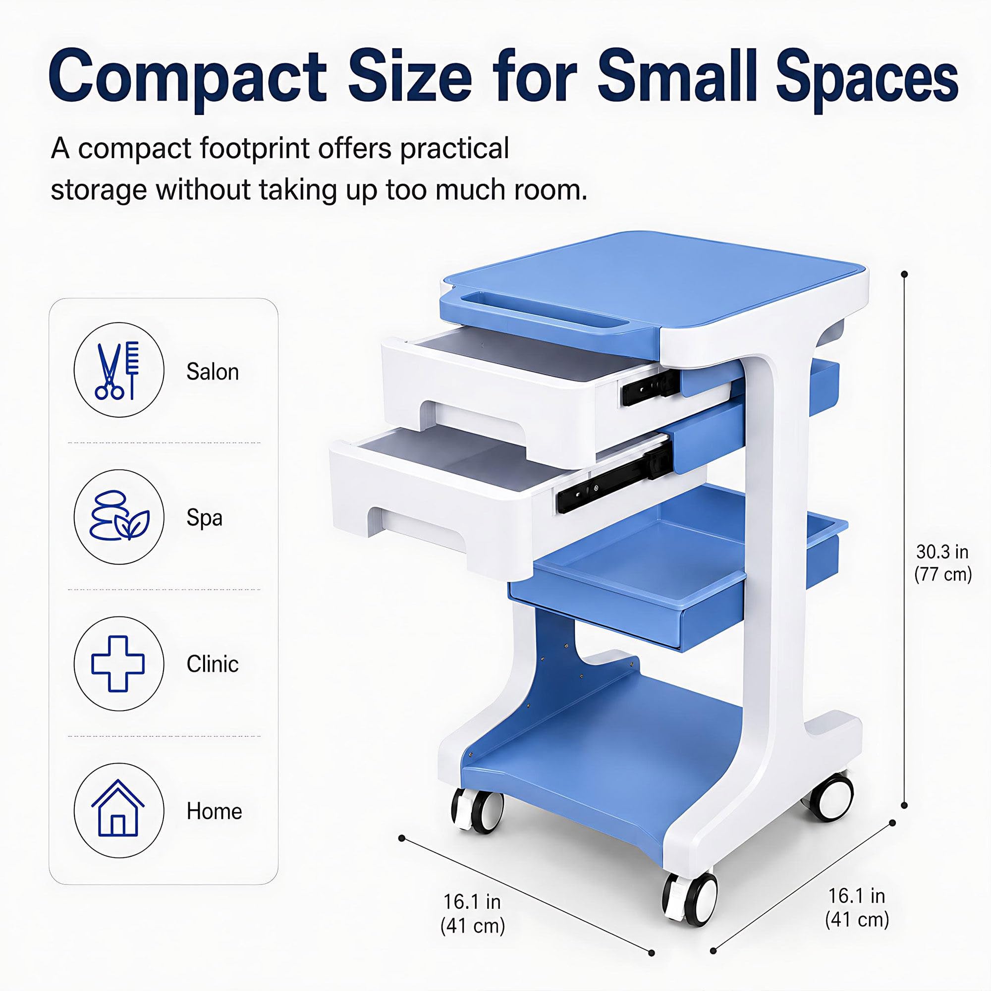 Carrito laboratorio 3 pisos 2 cajones, 50 kg, frenos, para estética Blue | Diseño compacto que ahorra espacio. Ideal para hospitales, clínicas, centros de estética, peluquerías y laboratorios.