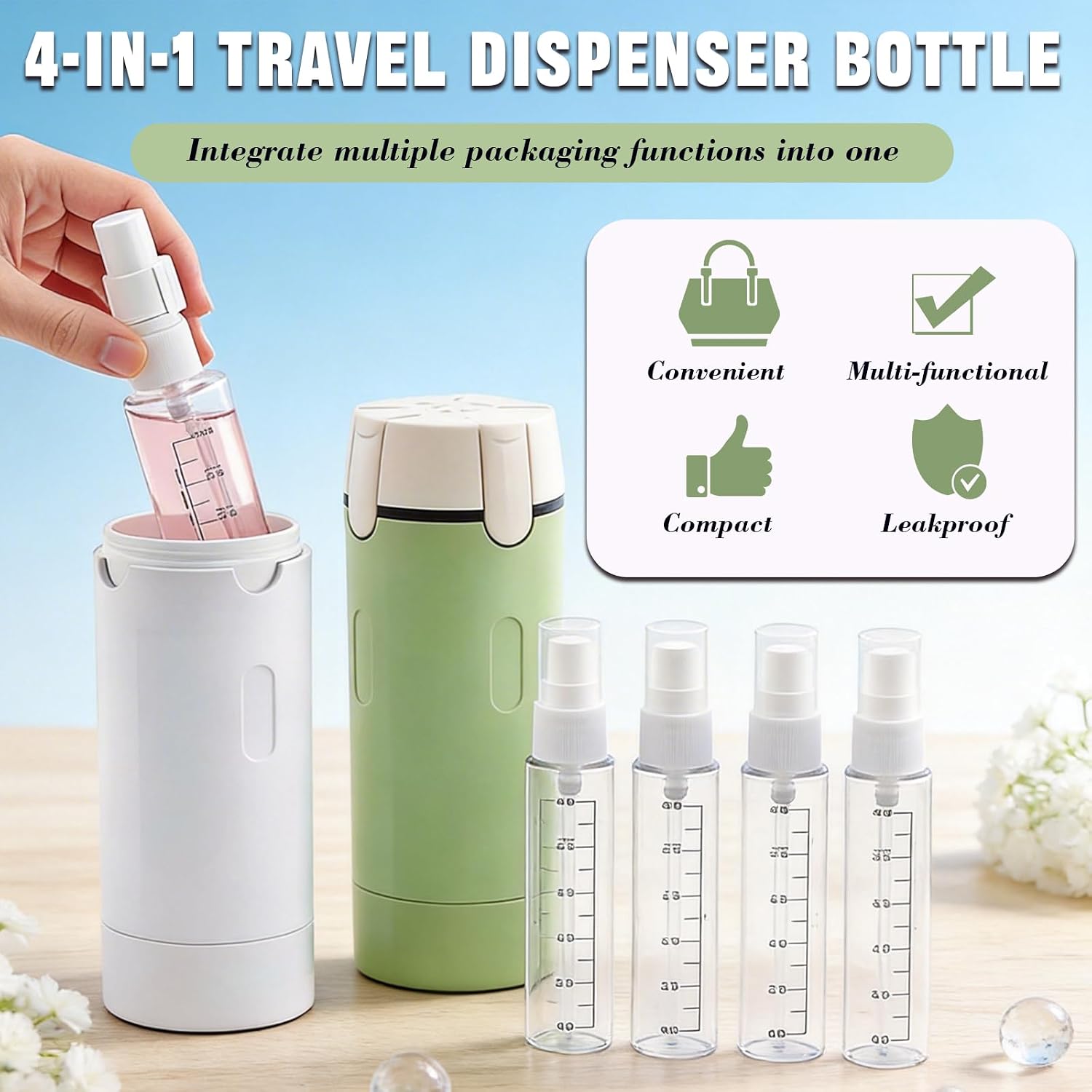 2 PCS 4 in 1 Travel Dispenser Bottle for Toiletries, Shampoo Lotion, Portable Refillable 4 in 1 Travel Bottle with Scale & Label, Leak Proof for Gym, Camping, Business Trips & Vacation (Green, White)