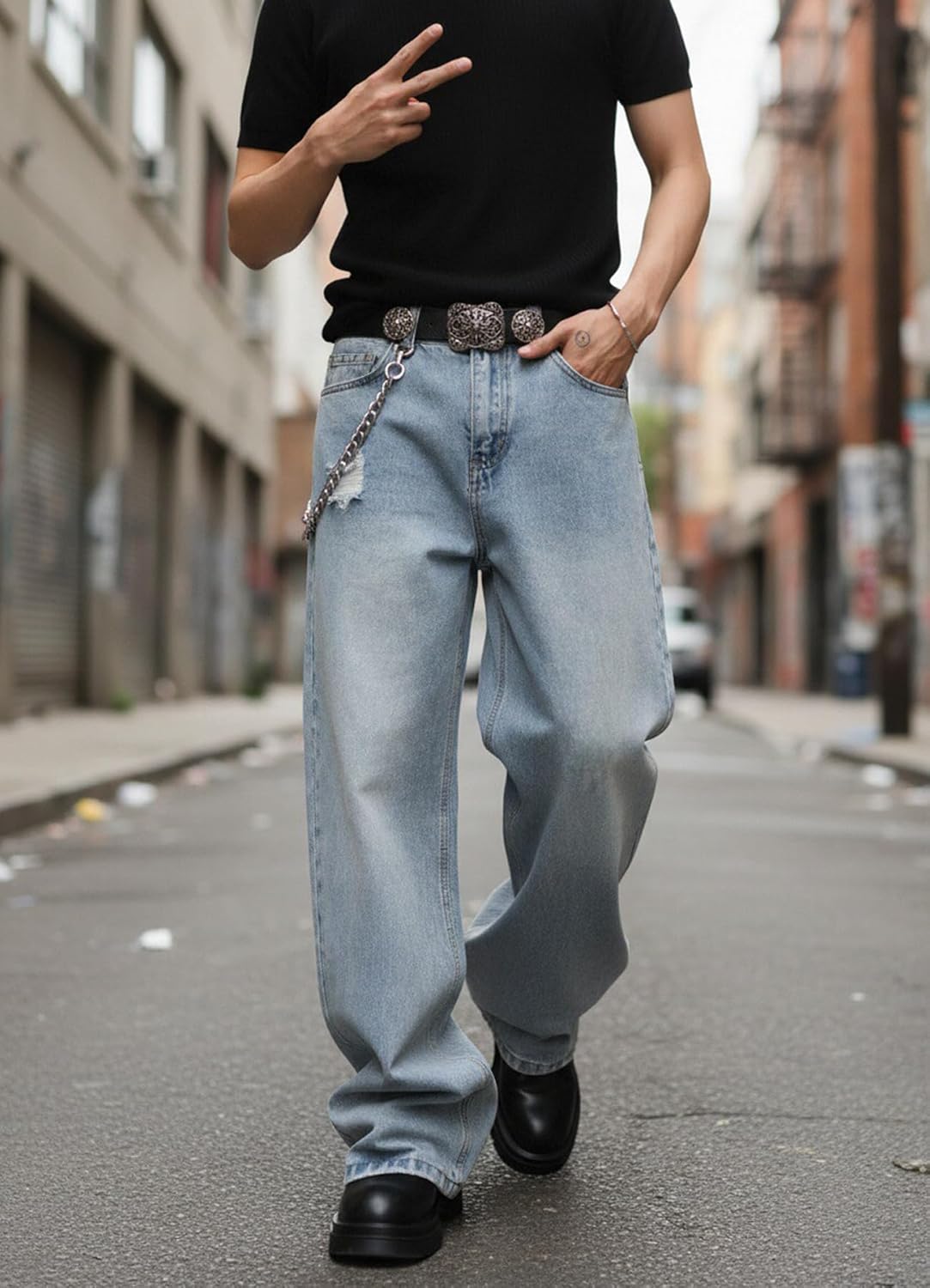 ALLABREVE Men's Baggy Hip Hop Jeans Wide Leg Skater Denim Pants Casual Loose Fit Long Trousers Streetwear - Image 2