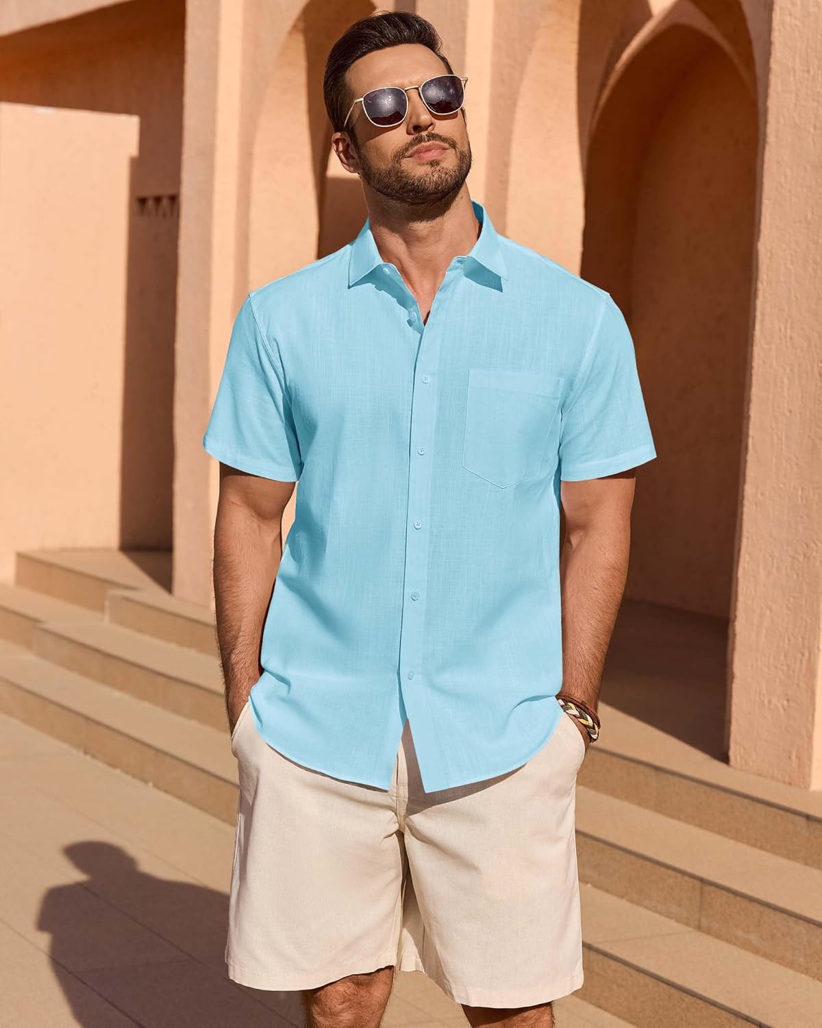 Linen Shirts for Men Short Sleeve Button Down Casual Shirt Cotton Beach Summer Collared Top with Pocket - Image 3