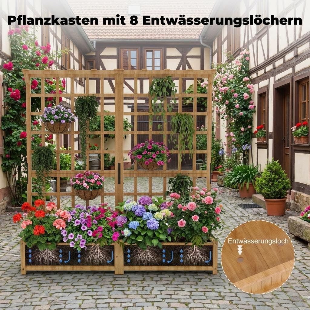 Hochbeet Holz 124x41x160cm, Rankgitter & Dach, 2 Ebenen, Balkon, Garten